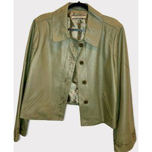 Anne Klein Leather Women’s Jacket Boxy Button Front Green Gray Taupe XL NWOT
